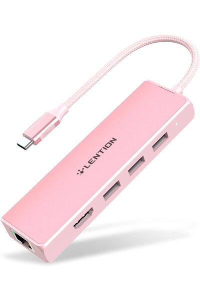 LENTION USB C Hub with Gigabit Ethernet, 4K HDMI & 3x USB 3.0 (CB-C25, Rose Gold)
