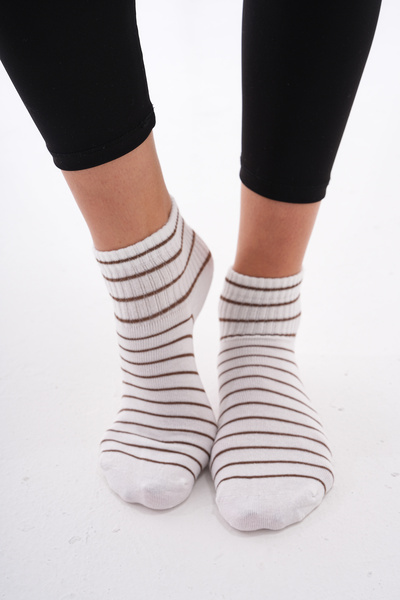 The huez 3-Piece Line Patterned Cotton Women's Socks, Breathable, Anti-Sweat Soft Booties Socks (Cream)