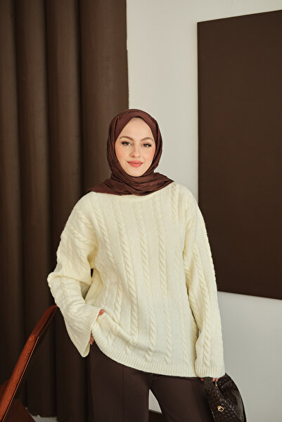 LOCCO Women's Knitted Patterned Knitwear Tunic Ecru