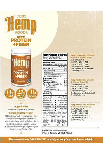 Just Hemp Foods Hemp Protein Powder Plus Fiber, Non-GMO, 16 oz