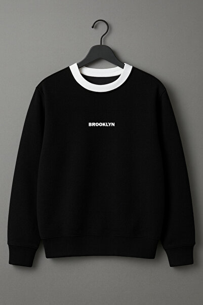 Revasser Unisex Kadın/Erkek BROOKLYN Özel Tasarım Renkli Beyaz Yaka Oversize Bisiklet Yaka Sweatshirt