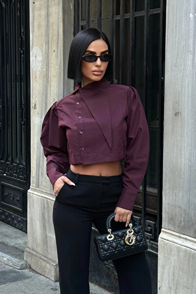 VİSKALİ Asimetrik Yaka Poplin Bordo Gömlek