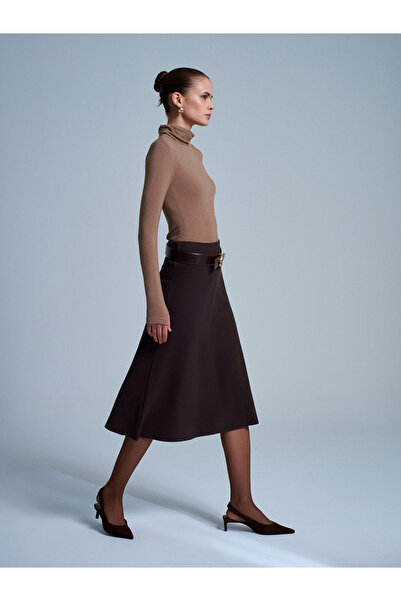 Dilvin 80390 Elastic Waist Knitted Midi Skirt-Dark Brown