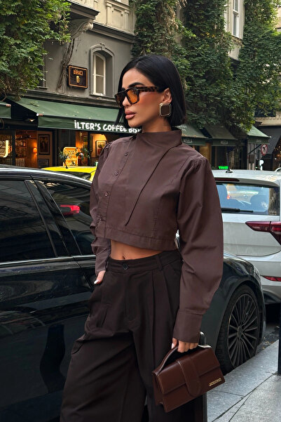 VİSKALİ Asimetrik Yaka Poplin Kahverengi Gömlek