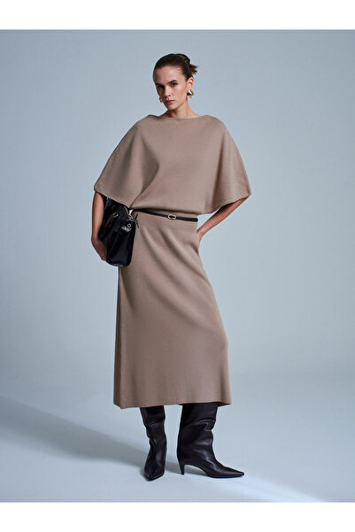 Dilvin 90266 Wool Blend Boat Neck Belted Knit Dress - Mink M.