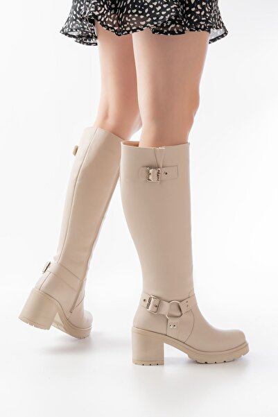 Zerenyus Zri̇n-3005 Premium Beige Women's Heeled Boots with Buckle Accessories and Zipper