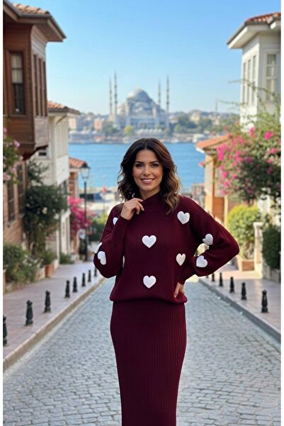 YusGos Kadın Kalp Desenli Kazaklı Elbise