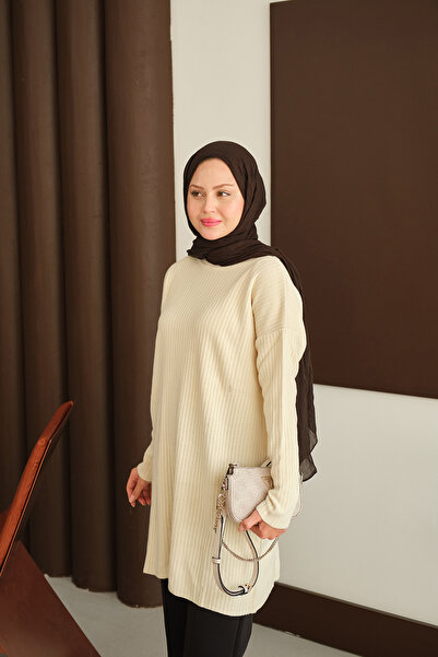 LOCCO Women's Self-Patterned Knitwear Tunic Cream