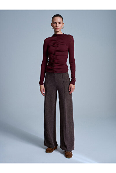Dilvin 71934 Dikiş Detaylı Geniş Paça Pantolon-Kahve M.
