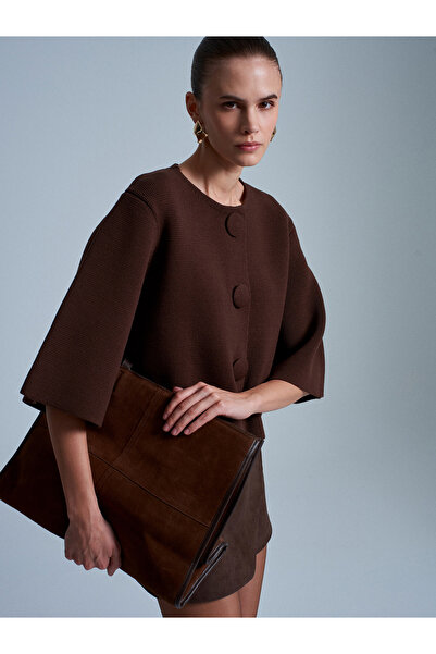 Dilvin 60997 Snap Button Knitwear Cardigan-Brown