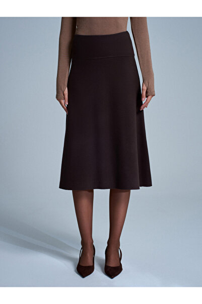 Dilvin 80390 Elastic Waist Knitted Midi Skirt-Dark Brown