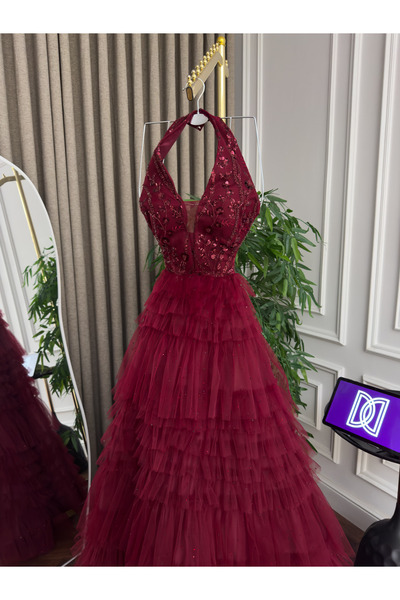 Generic Layered flared tulle evening gown - beaded bodice with exquisite trim and elegant embellishments - princess design in a captivating fiery red