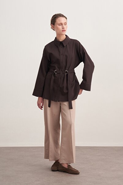 EBU Prive Women's Gabardine Belted Shirt Brown