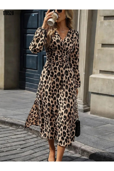 Viyamo Yeni Sezon Feminen Kadın Modern Bel Oturtmalı Modal Leopar Midi Elbise