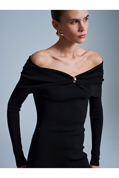 Dilvin 90261 Off-The-Shoulder Bow Detail Knit Dress-Black