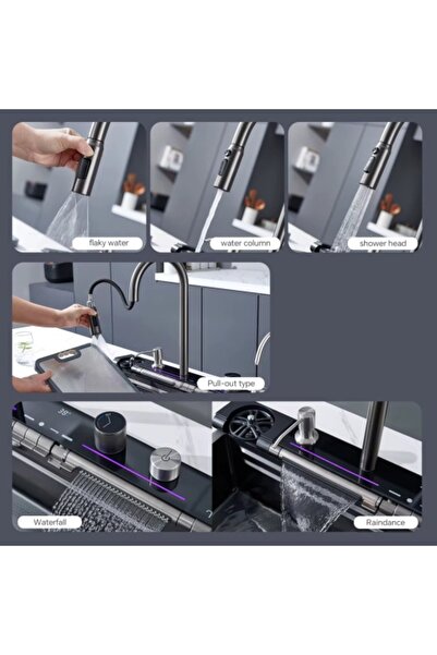 MODALITE LTD Chiuvetă de bucătărie inteligentă din oțel inoxidabil, grafit negru, cu baterie în cascadă și afișaj digital pentru temperatură, 750×4