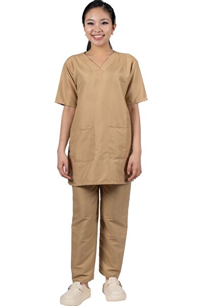 ABSHIR طقم زي الخادمة/الخادمة/المربية، أكمام قصيرة، بلوزة بفتحة رقبة على شكل حرف V مع جيوب وبنطال، قطن