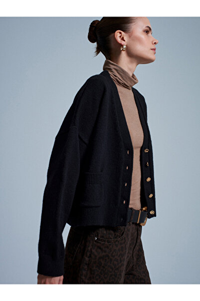 Dilvin 60999 Wool Blend Pocket Detailed Knitwear Cardigan-Black