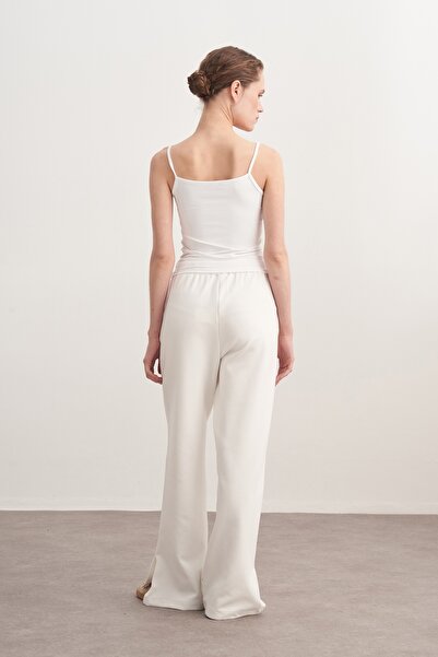 EBU Prive Women's Interlock Side Slit Palazzo Pants Ecru