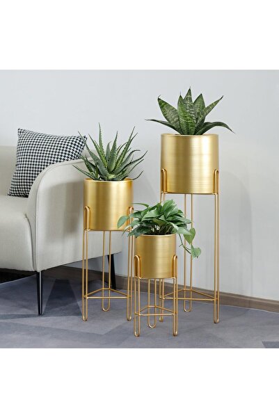 NO BRAND Set de 3 ghivece mari din metal auriu cu suporturi (73, 56, 30 cm)