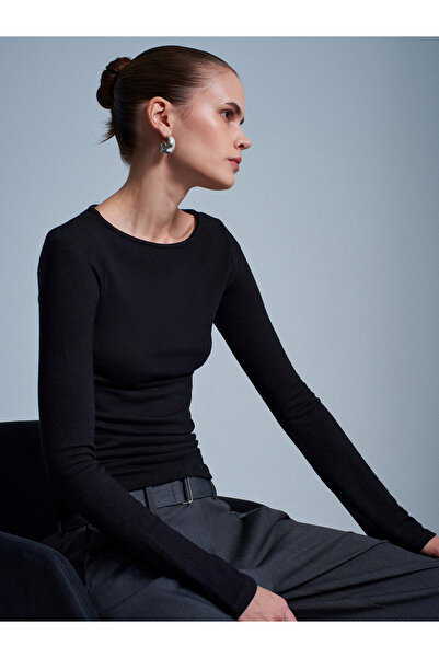 Dilvin 32322 Boat Neck Long Sleeve Top-Black