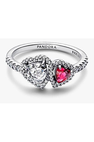 Pandora Ring with two hearts Halo Pave Zirconium in 925 Silver - 54