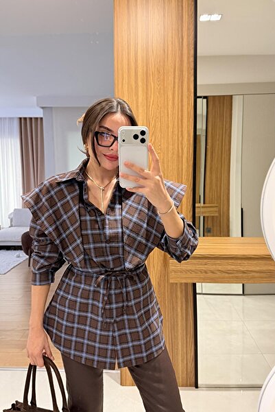 Gizem Ecemiş Valeria Brown Plaid Shirt with Shawl