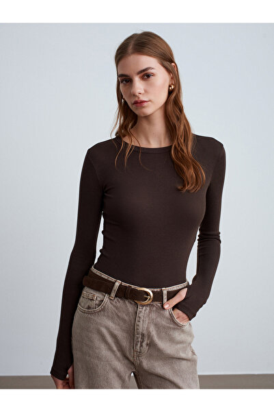Dilvin 32319 Modal Blend Long Sleeve Top-Dark Brown