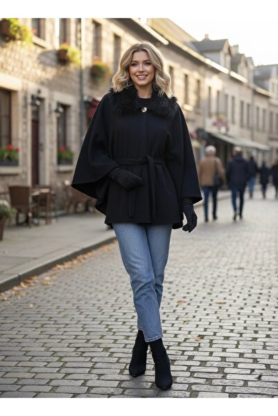 MC Boutique Kadın Kürk Yakalı Kuşaklı Siyah Panço – Şık Kışlık Dış Giyim