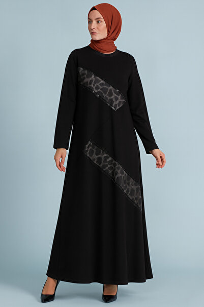 yolcuGiyim anne elbise. likralı leopar detaylı penye elbise
