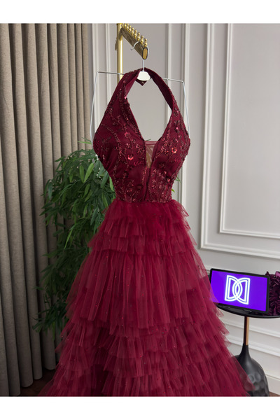 Generic Layered flared tulle evening gown - beaded bodice with exquisite trim and elegant embellishments - princess design in a captivating fiery red