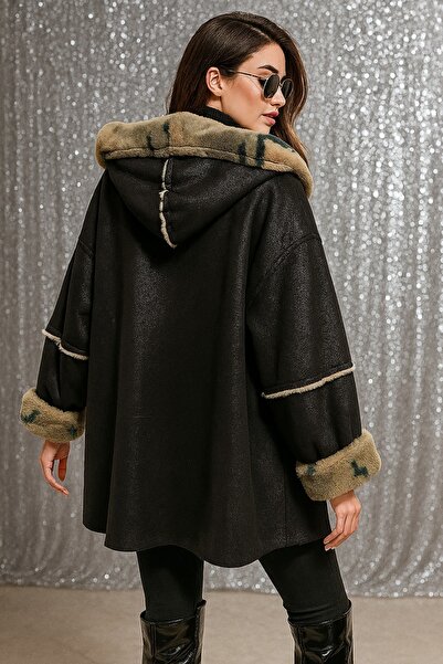 LaraLisa Дамско късо палто с плюшен камуфлажен мотив отвътре и нубук отвън