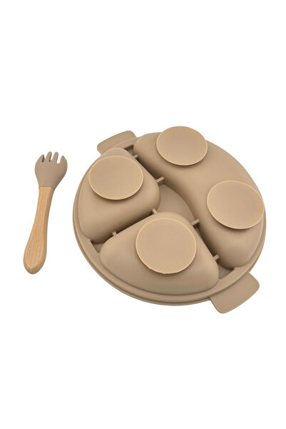 NO BRAND Food-grade silicone baby set, 3 pieces - plate, fork and cup with straw - Beige