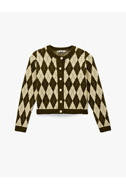 Koton Buttoned Long Sleeve Crew Neck Diamond Pattern Knitwear Cardigan