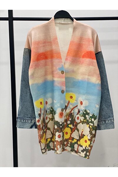 Hatun Atila Long Knit Cardigan with Denim Detail on the Sleeves - 1180