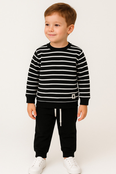zepkids Crew Neck Stripe Patterned Black Color Boys Tracksuit Set