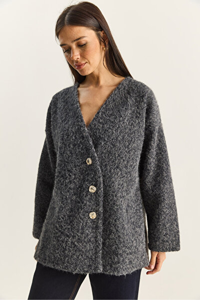 Bianco Lucci Women's V-Neck Stylish Asymmetrical Buttoned Wrinkled Cashmere Cardigan 55000 60283567