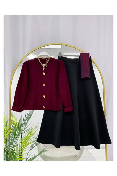 YEDİLALE Heart Buttoned Knitwear Cardigan Flawed Skirt Double Set [Cardigan Std Size, Skirt Size Included]