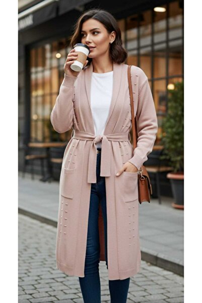 güncüoğlu Tricot Cardigan with Self-Patterned Front, 110cm Long