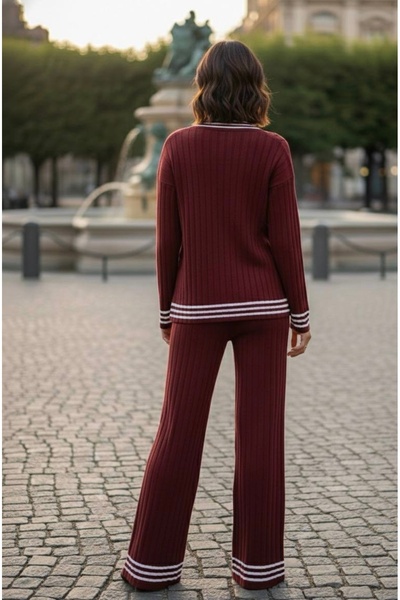 YusGos Women's Striped Knitwear Cardigan Pants College Bottom Top Set