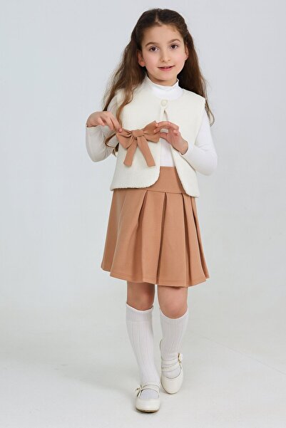 Yalçınoğlu Kids Girl's 3-Piece Set |   Corded Fabric Badi + Vest + Pleated Skirt with Stones (2–9 Years) Girls' Combination