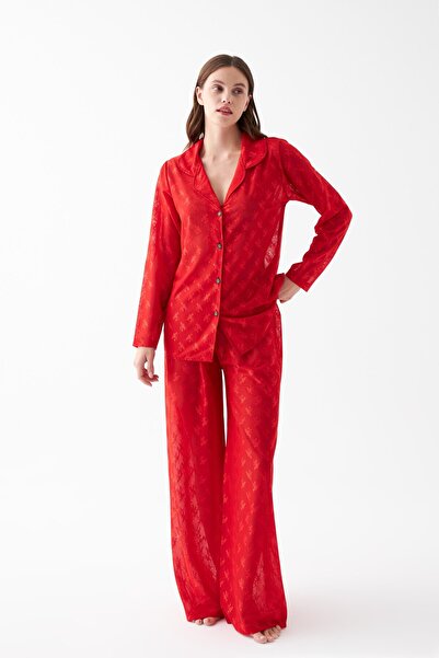 Akbeniz Women's Red Sheer Jacquard Buttoned Pajama Set
