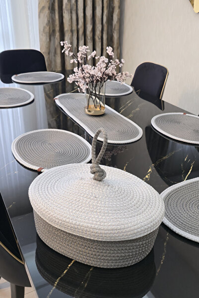 KAAN HOME 6-Piece Supla Bread Basket Set with 1 Runner and 1 Lid with Handle, Gray and White Color Patterned Presentation Basket