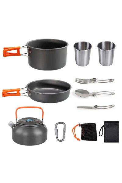 Optim Solution Camping Cookware Set XXL, 16 Pieces, Foldable Handles, For 2 People, Gray