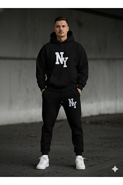 NİCE Σετ αθλητικής φόρμας Three Thread Compact με κουκούλα Cotton Inside NY NewYork B με τύπωμα Premium O oversized