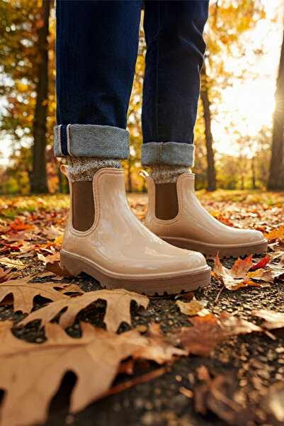 USLU Kadın Parlak Chelsea Yağmur Botu - Su Geçirmez Kısa Bilek Yağmur Çizmesi
