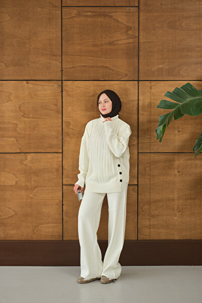 LOCCO Set de tricotaje cu nasturi pentru femei Ecru