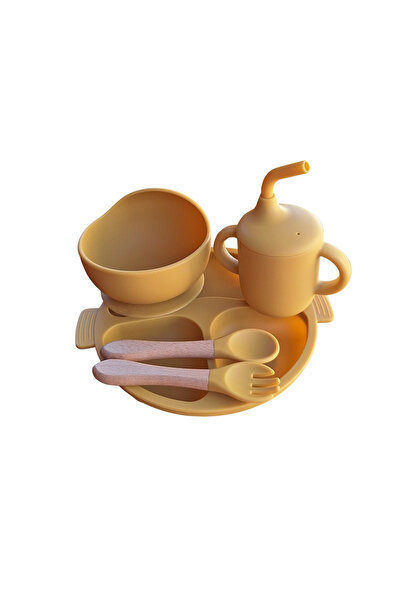 NO BRAND Silicone baby tableware set, 5 pieces – Mustard yellow - BPA free