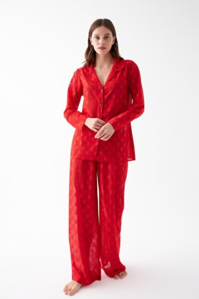 Akbeniz Women's Red Sheer Jacquard Buttoned Pajama Set