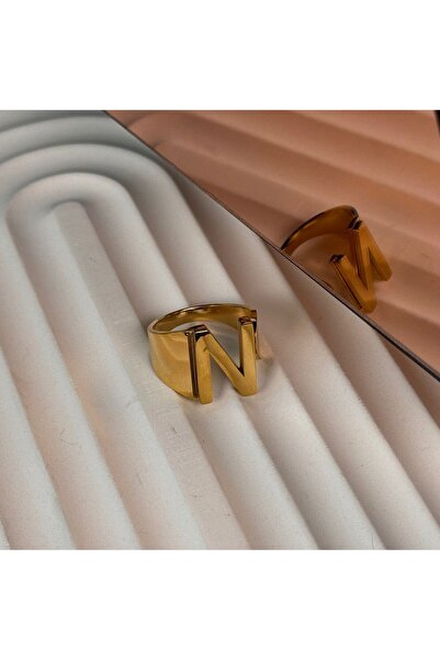 GÜLNAR BİJUTERİ Letter Adjustable Gold Color Steel Ring